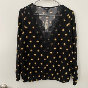 EXPRESS Black Long Sleeve Blouse with Yellow Flowers and Lace V Neck, Size S